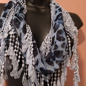 Blue animal Print Scarf with fringe